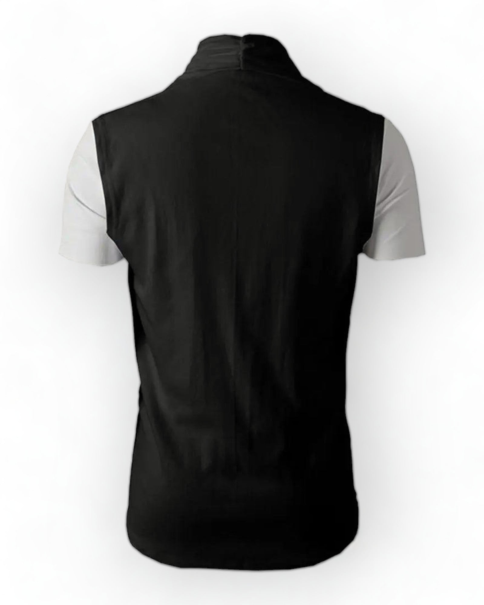 Back view of a Boho Style Sleeveless Cardigan in black with white short sleeves.