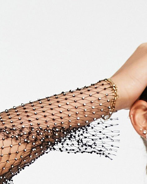 Diamond Hollow Out Crop Mesh Long Sleeve Top Rhinestones grid tank festival outfit