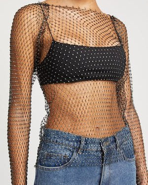 Diamond Hollow Out Crop Mesh Long Sleeve Top Rhinestones grid tank festival outfit