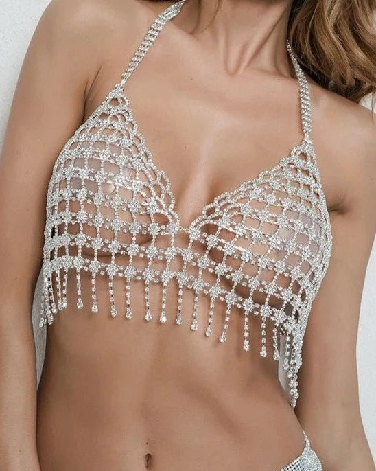 Diamond Rhinestone Tassel Bra festival outfit rave wear