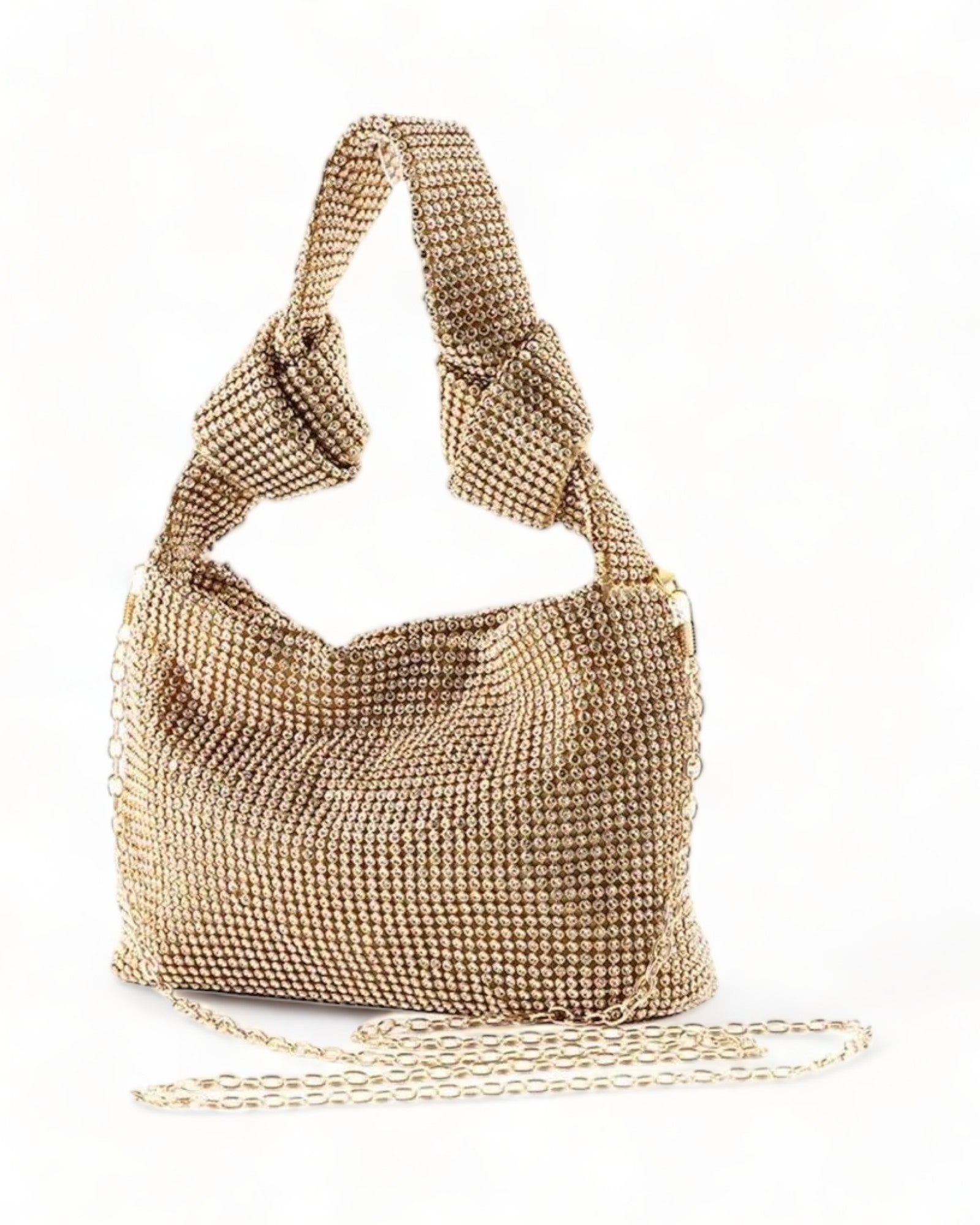 Diamond Knot Bag with knotted strap and shiny diamante mesh finish, perfect for a stylish look.