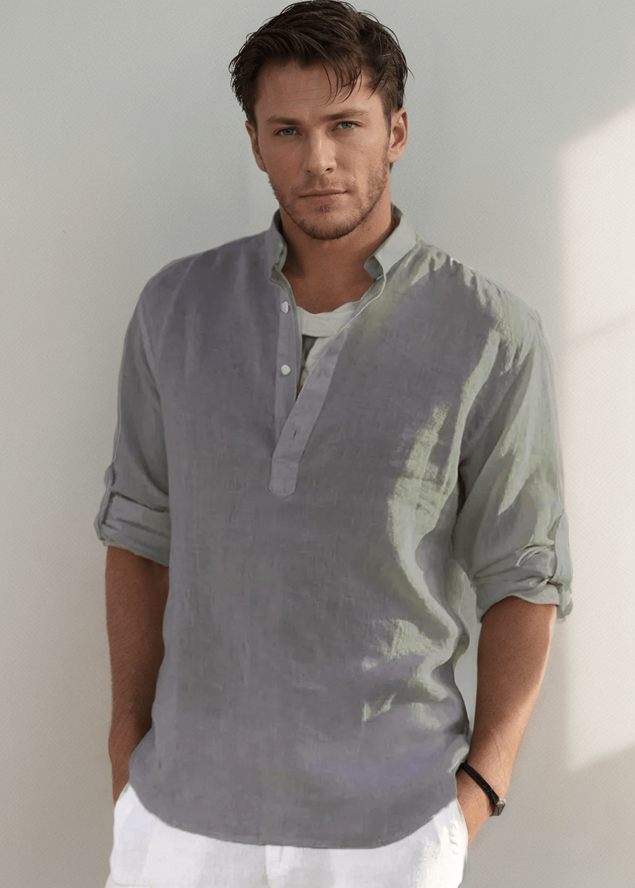Grey Boho Style Linen Long Sleeve Shirt men