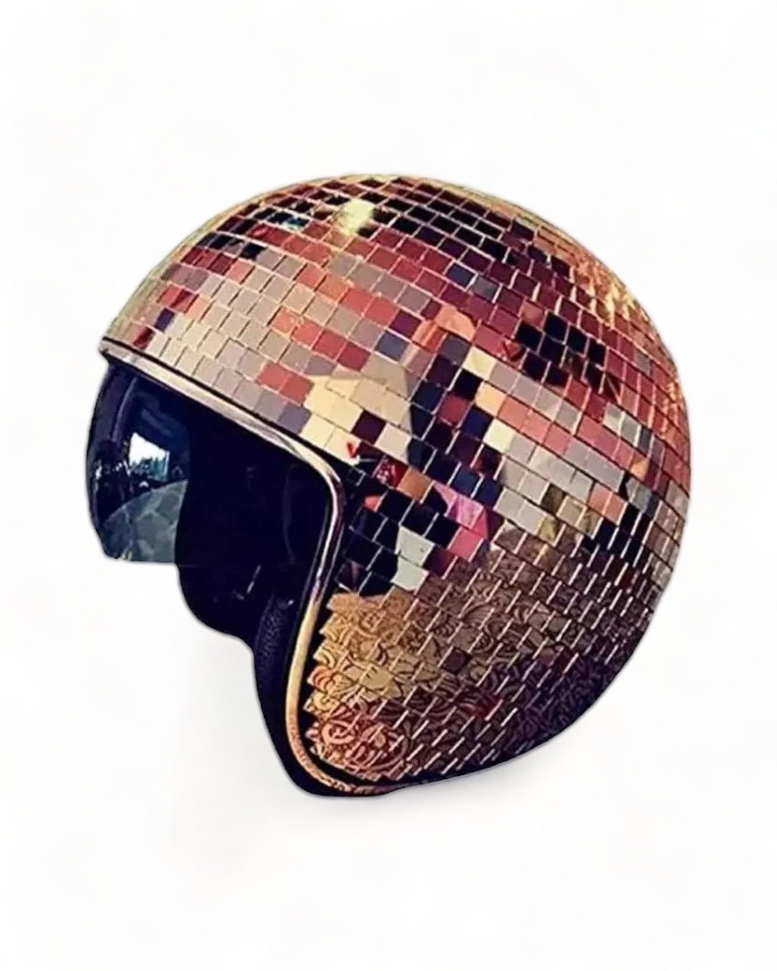 Disco Ball Helmet with Retractable Visor featuring a dazzling reflective surface for festivals.