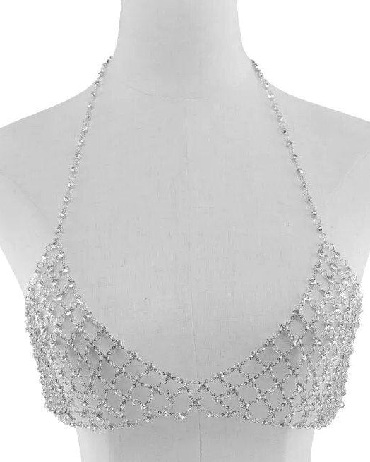 Silver Chain Bra with shimmering embellishments and adjustable straps, perfect for festival fashion.
