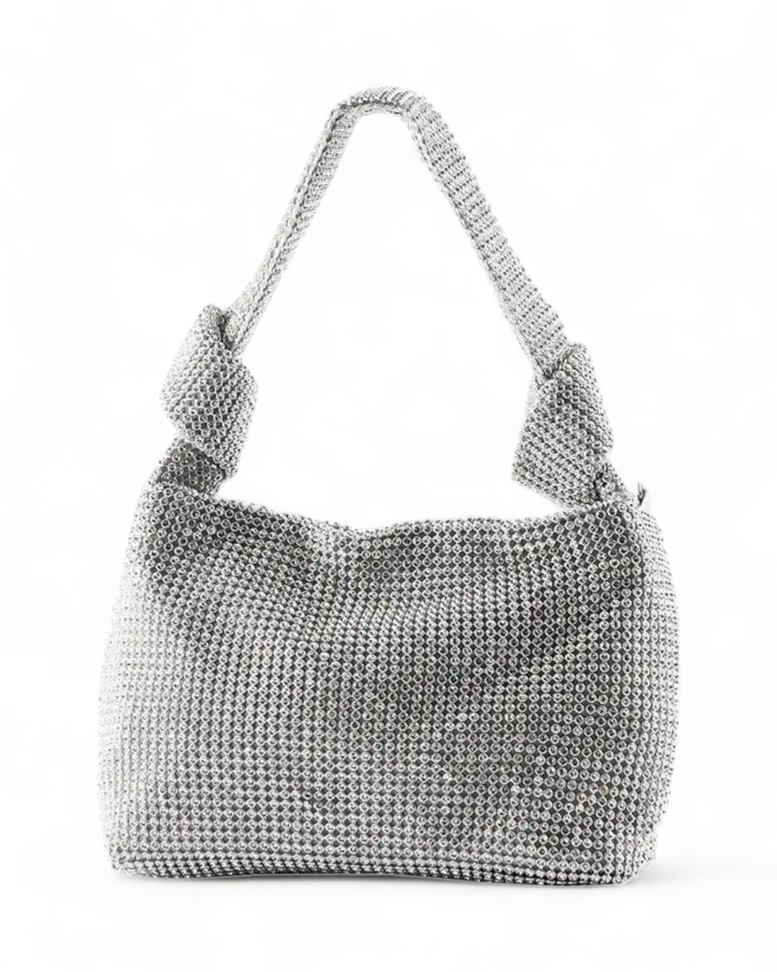 Stylish Diamond Knot Bag with knotted strap and shiny diamante mesh finish, perfect for outfits.