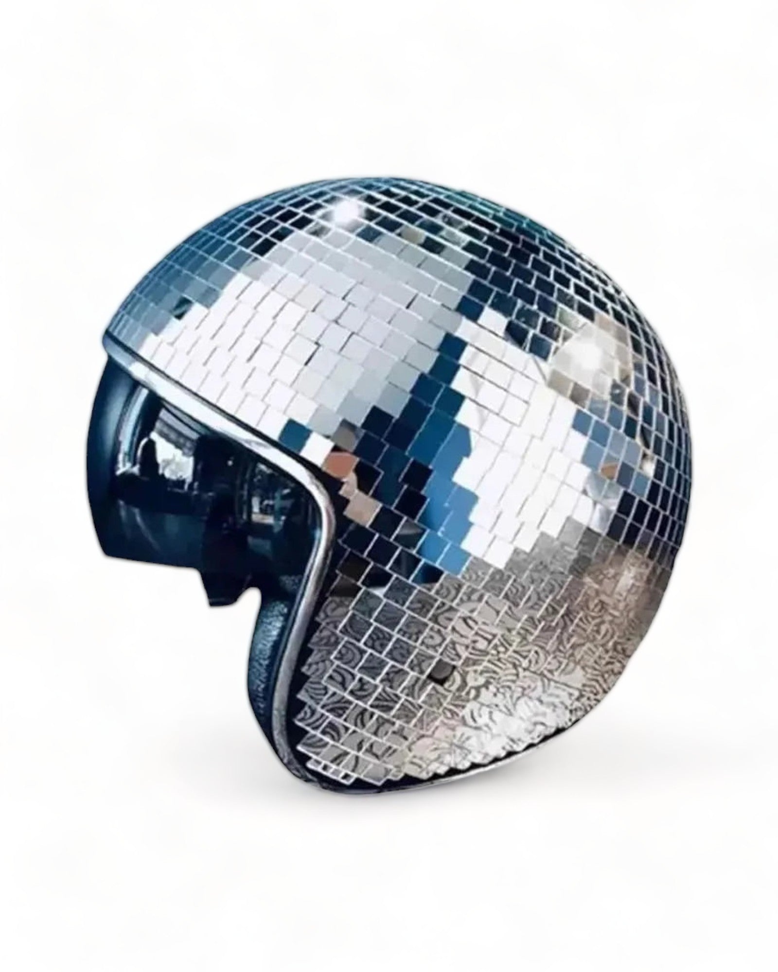 Disco Ball Helmet with Retractable Visor, shiny mirrored surface, unisex design, perfect for festivals.