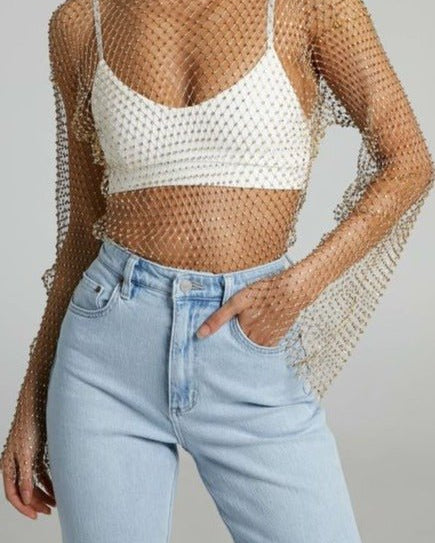 gold Diamond Hollow Out Crop Mesh Long Sleeve Top Rhinestones grid tank festival outfit