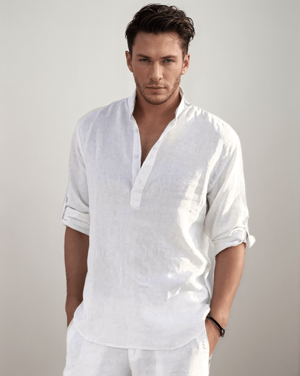 white Boho Style Linen Long Sleeve Shirt men