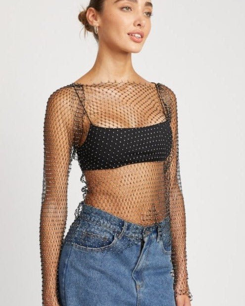 black Diamond Hollow Out Crop Mesh Long Sleeve Top Rhinestones grid tank festival outfit