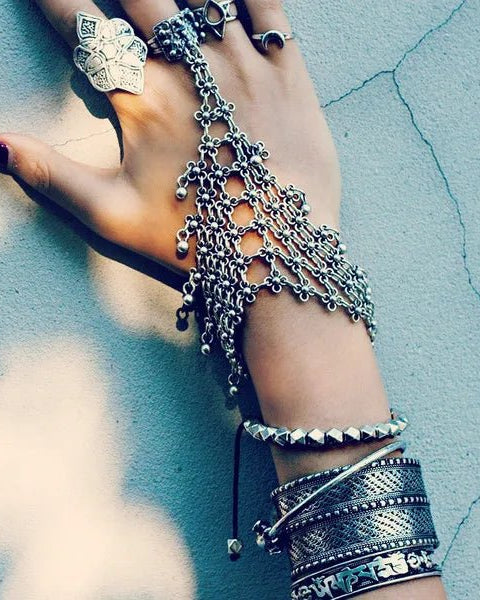 silver Finger Chain Bracelets rave outfit
