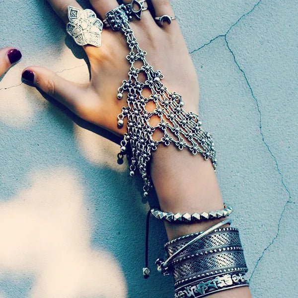 silver Finger Chain Bracelets rave outfit
