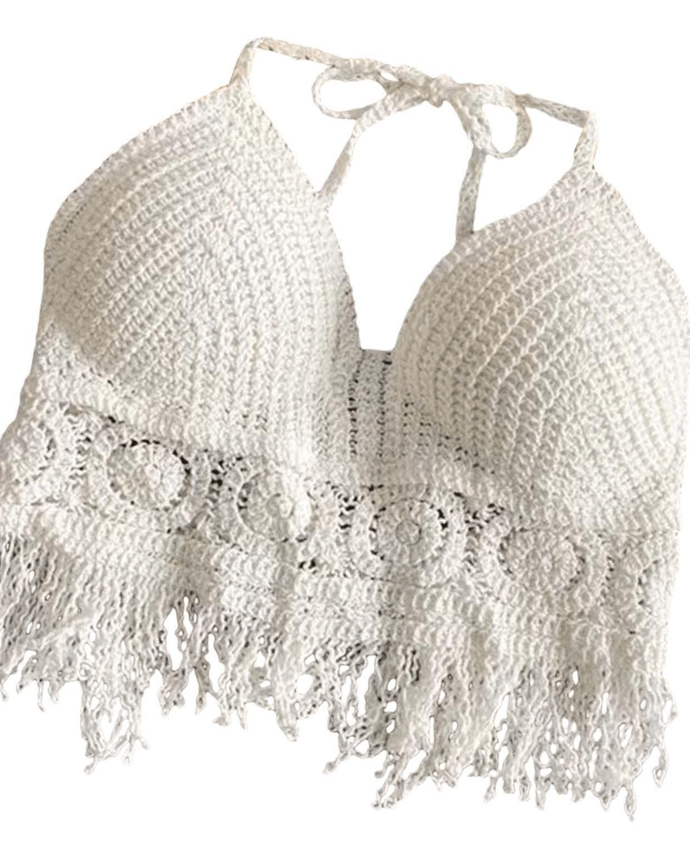 Boho Style Knit Crop Tops in white with crochet design and fringed hem for festival wear.