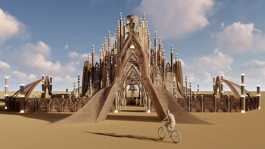 Ornate, spired Burning Man temple art installation in desert, with a person on a bike.