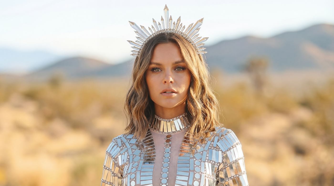 Woman in a reflective, mirrored outfit and crown, embodying Burning Man's Axis Mundi theme in a desert.