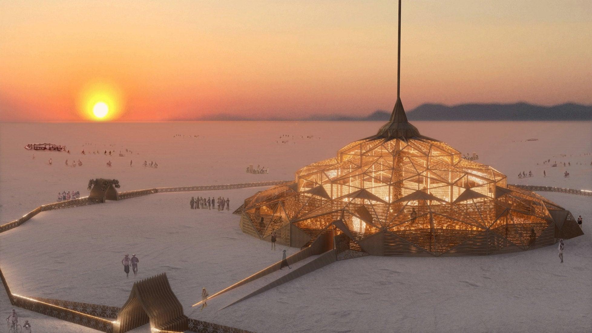 Burning Man temple at sunset, a large, intricate wooden structure glowing warmly on the desert playa.