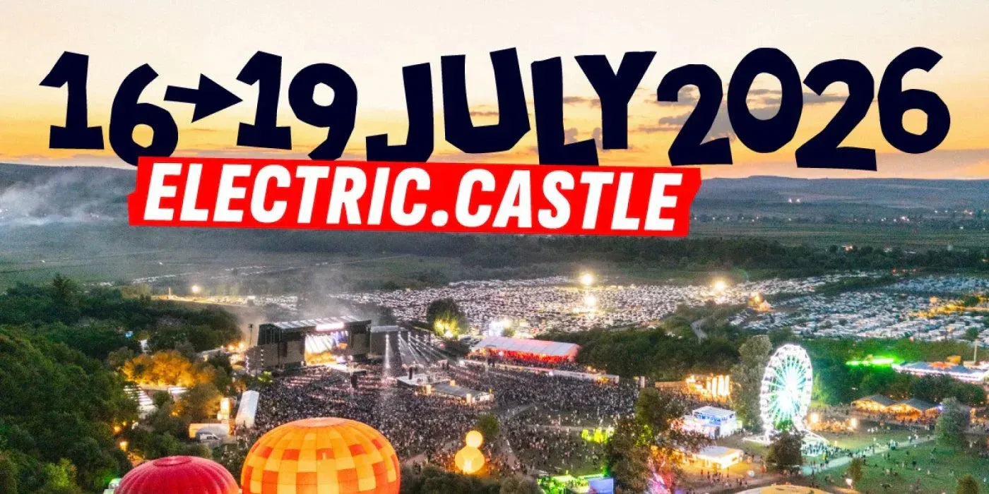 Electric Castle 2026 dates over a vibrant festival crowd, stages, and hot air balloons at sunset.