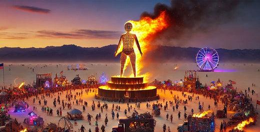 Burning Man effigy ablaze at sunset, surrounded by a large crowd, art installations, and a Ferris wheel.