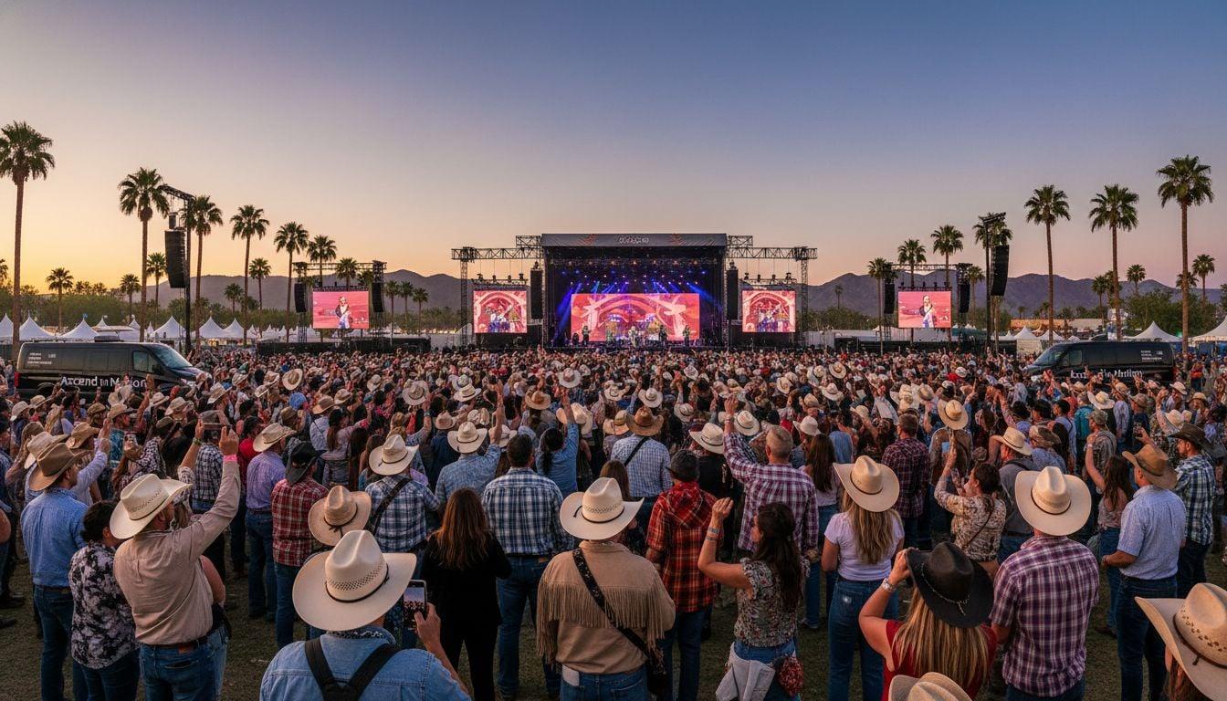Large crowd in cowboy hats watching a country music festival stage at sunset in Indio, California.
