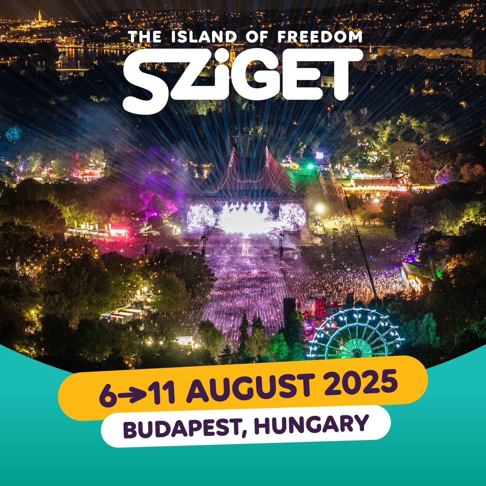 Night view of Sziget Festival 2025 main stage with colorful lights, large crowd, and Ferris wheel.