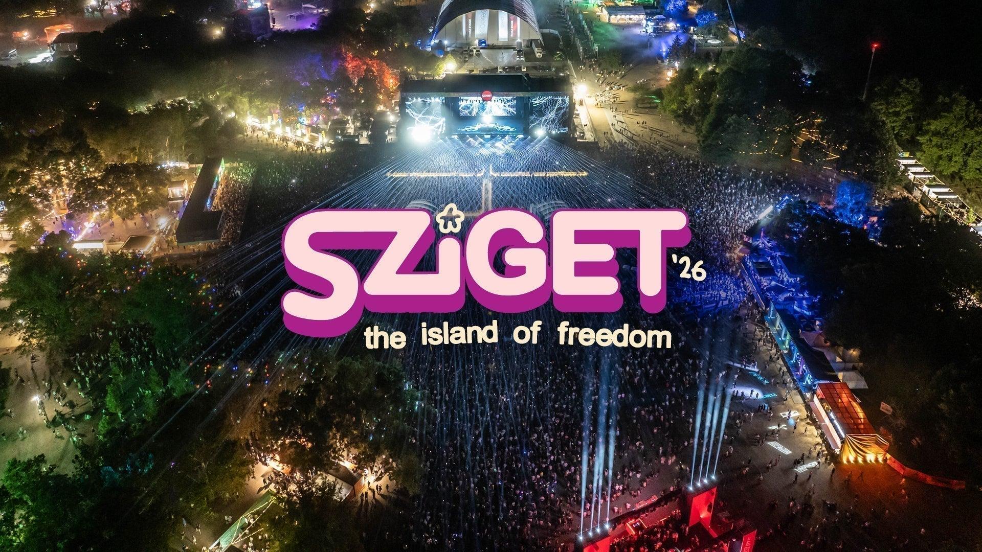 Aerial view of Sziget Festival '26 at night with a large crowd, bright stage lights, and the festival logo.