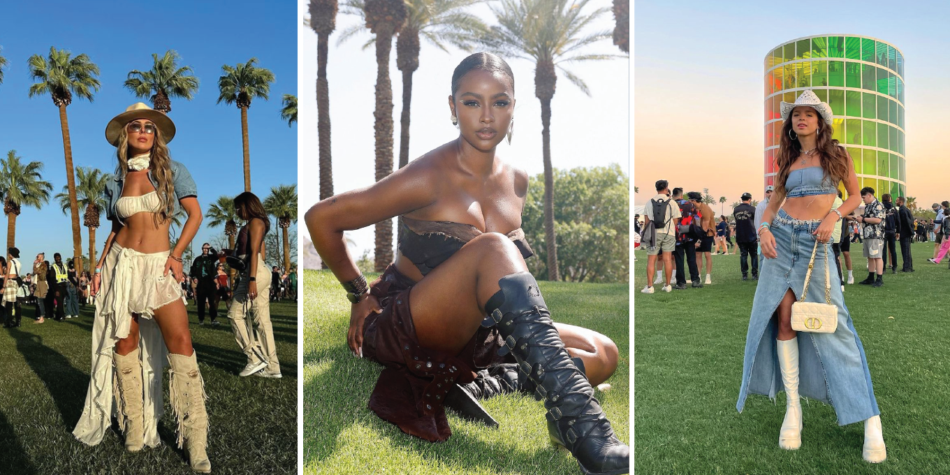 Three women in stylish Coachella outfits: boho-chic, dark leather, and denim cowboy.
