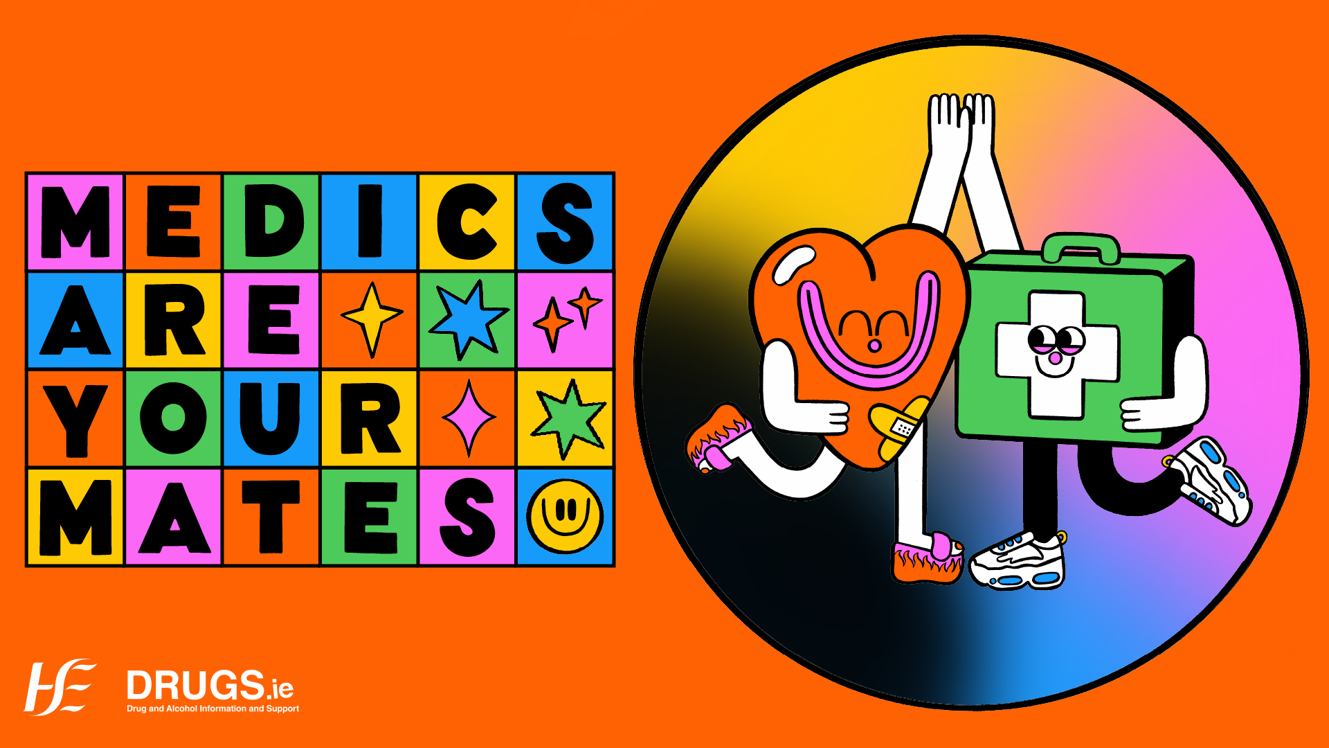 MEDICS ARE YOUR MATES" text with a cartoon heart and first aid kit, promoting festival safety.