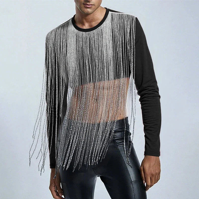 Men's black long-sleeve top with shimmering silver fringe over a bare chest, paired with black leather pants.