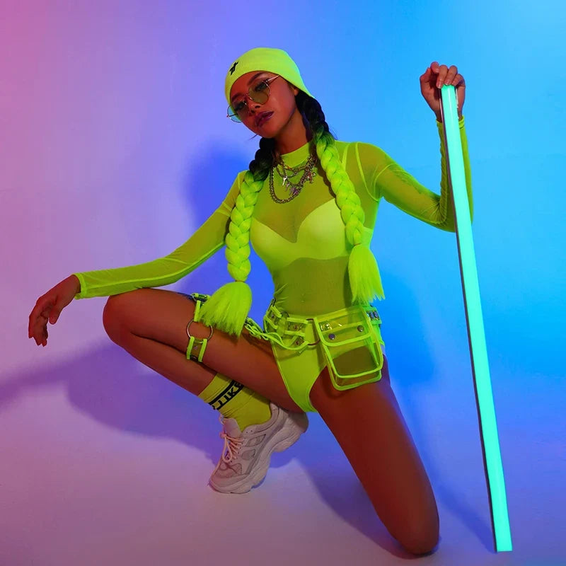  Neon Green Rave Bodysuit with Accessories