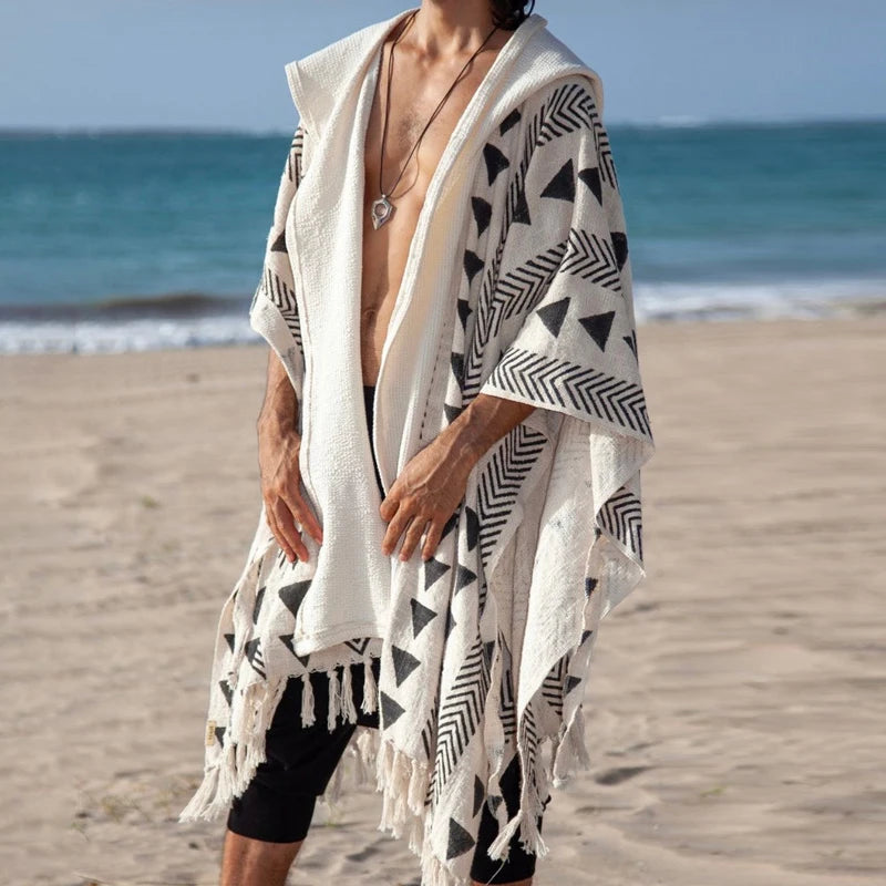 Men's Tulum Fringe Cardigan in white polyester with black geometric patterns and long fringe hem.