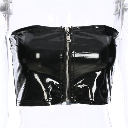 detail of black Strapless Leather Top with Zipper