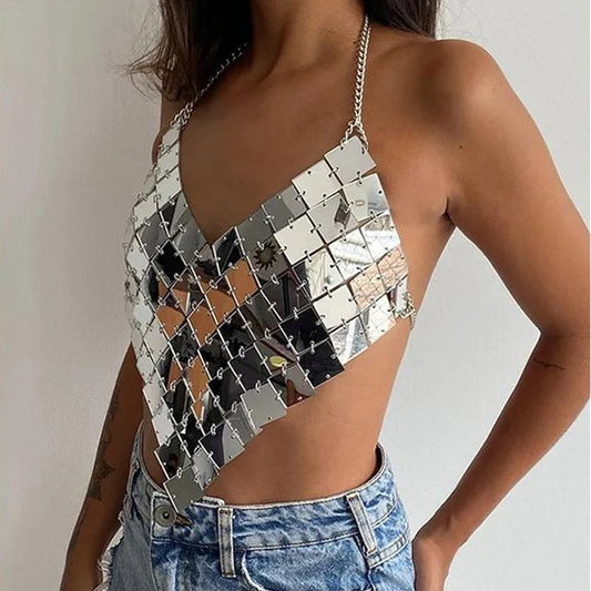 Women Silver Square Sequin Chainmail festival outfit Top Metal Chain Body Chain Mirror Crop Top rave outfit