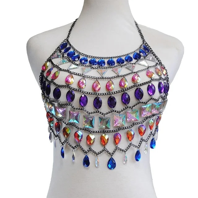 grey Women Boho style Shiny Acrylic Crystal Festival outfit Tank Top Halter Patchwork Gem Sequins Cami Crop Top
