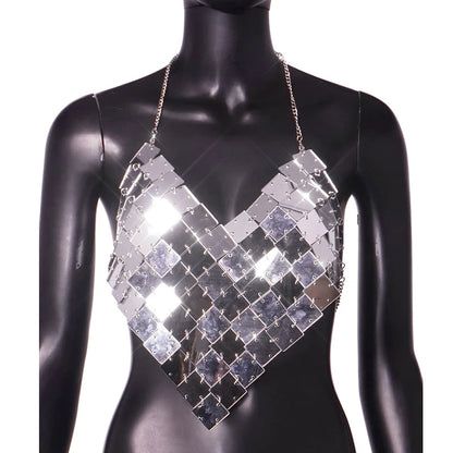 Women Silver Square Sequin Chainmail festival outfit Top Metal Chain Body Chain Mirror Crop Top rave outfit