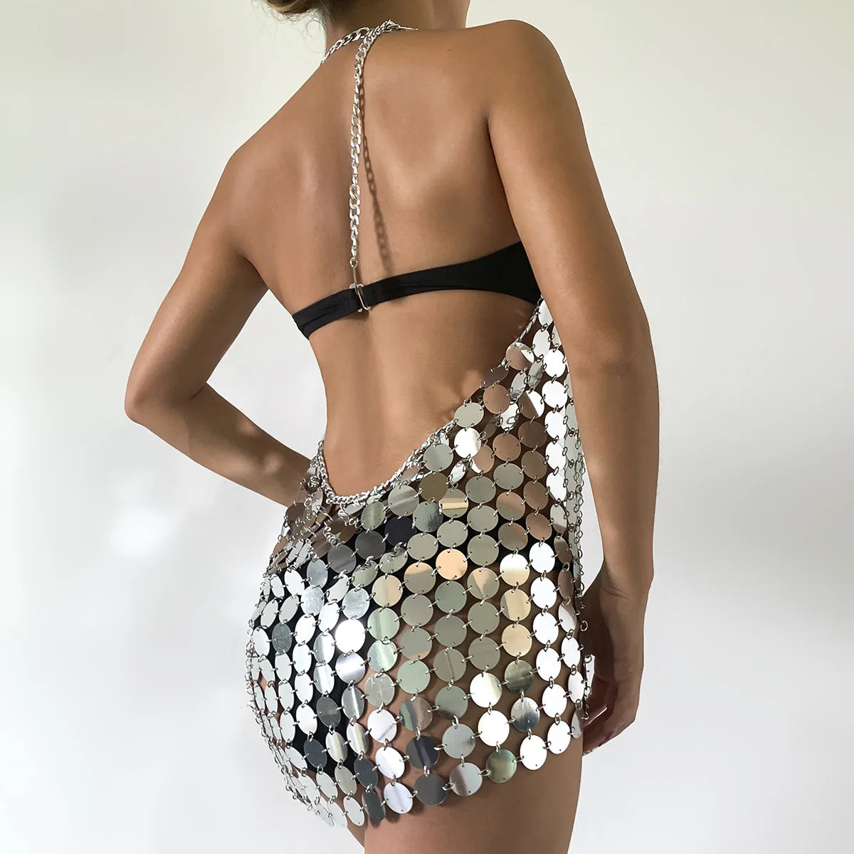 Back Silver Chainmail Sequin Mini Dress