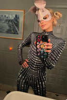 Black Jumpsuit Catsuit with White Pearls Paris Hilton