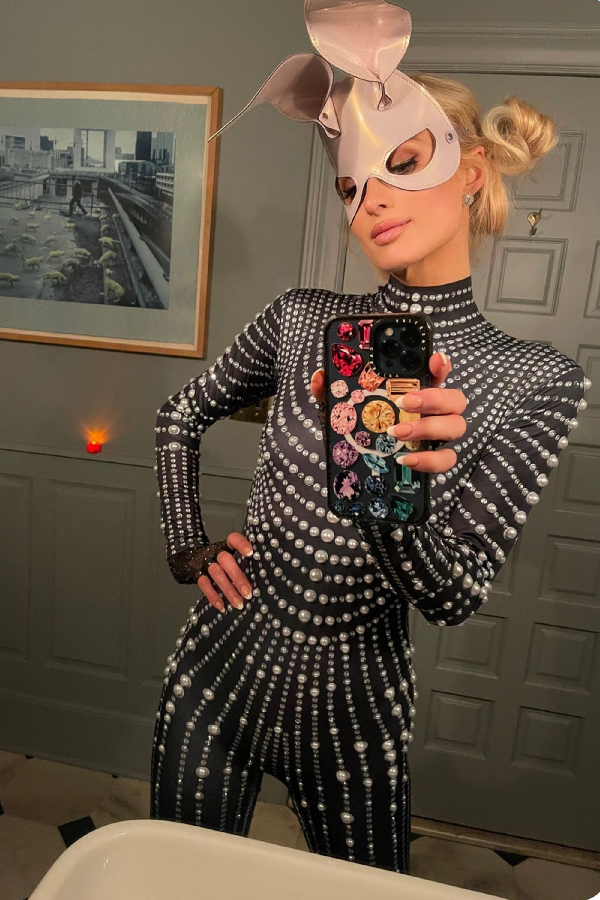 Black Jumpsuit Catsuit with White Pearls Paris Hilton