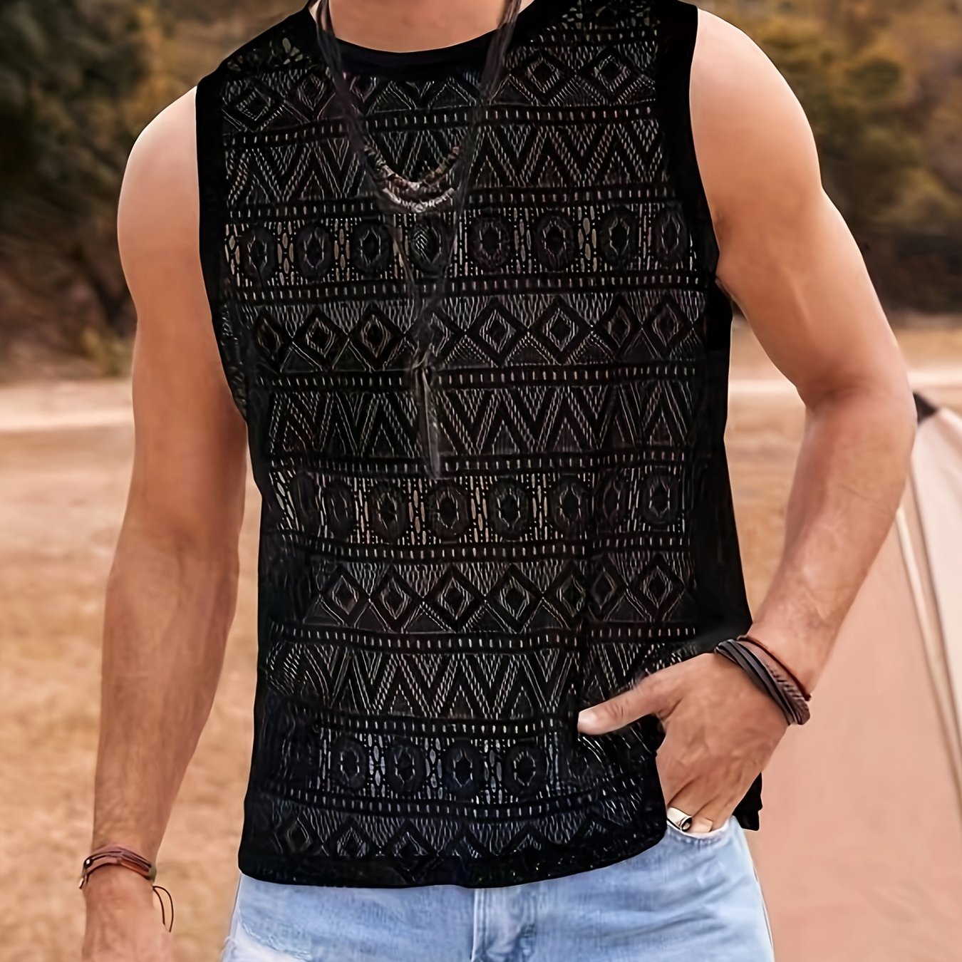 Black Mesh Lace Knit Tank Top