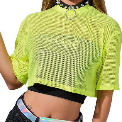 women Green Fishnet Mesh Crop Top See-through Loose Shirt T-shirt rave outfit rave apparel wear 