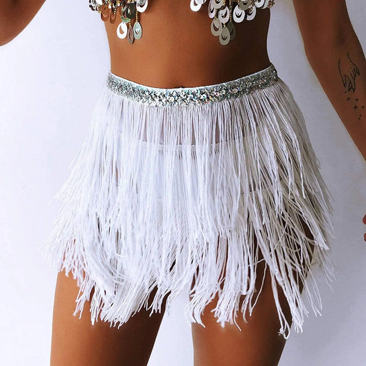 white Sequin Tassel Sparkle Tutu Skirt Rave Fringe Belly Dance