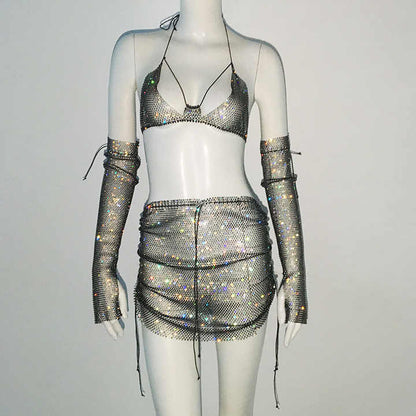 Glitter Rhinestone Top with Mini Skirt and Gloves