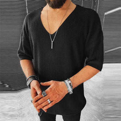 black Mens Casual Knitted Sweater for Men Half Sleeve V-Neck Mens Tops Slim Fit Festival Outfit Fashion Concert Rave outfits Party Boho Style