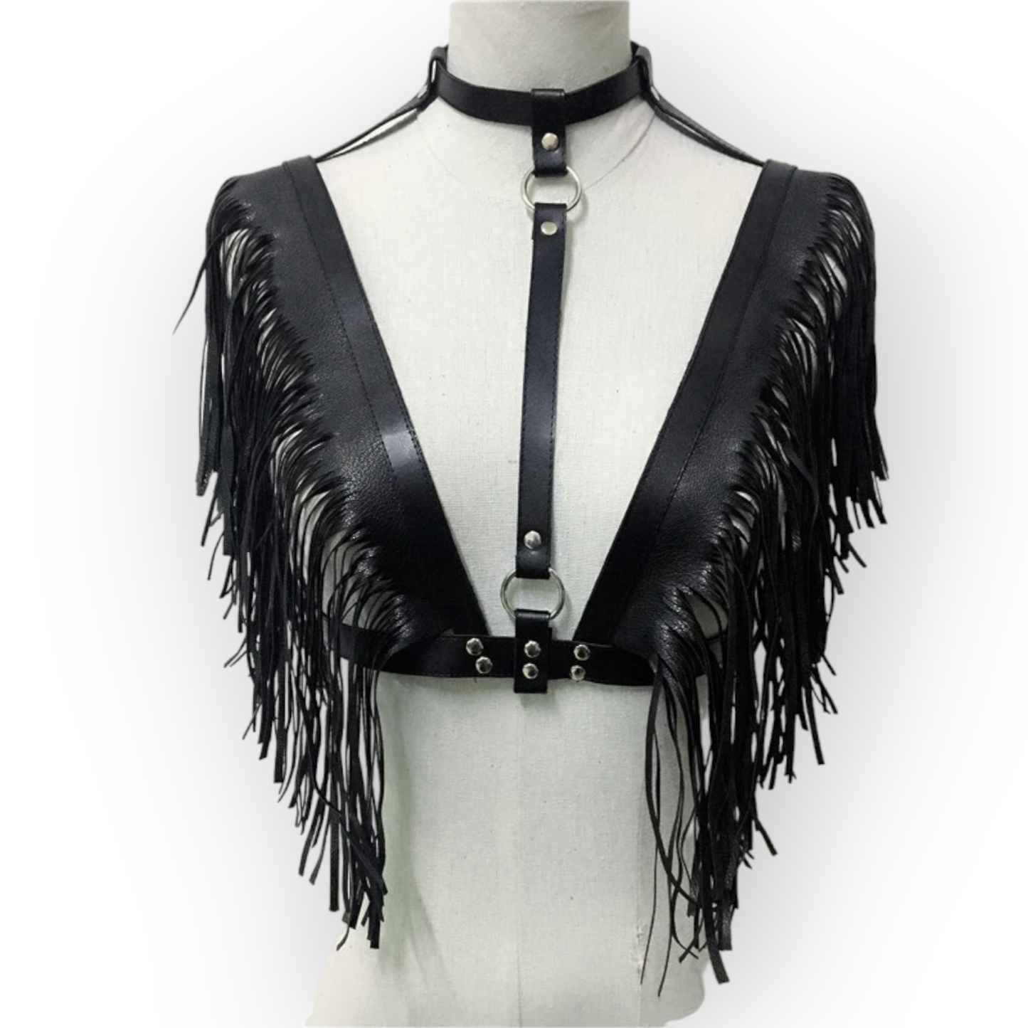 Leather Harness Black with fringes - Rave apparel, festival outfit, Rave outfit. 