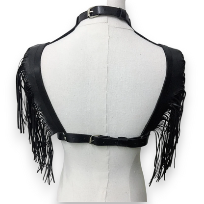 black Leather Harness Black with fringes festival outfit