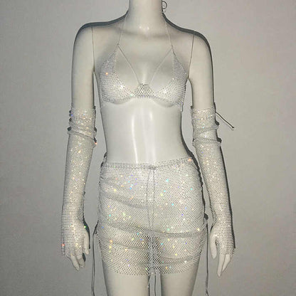 Glitter Rhinestone Top with Mini Skirt and Gloves