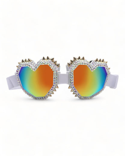 white Heart Shaped Goggle Sunglasses Steampunk Cyberpunk crystals Burning man Festival Rave