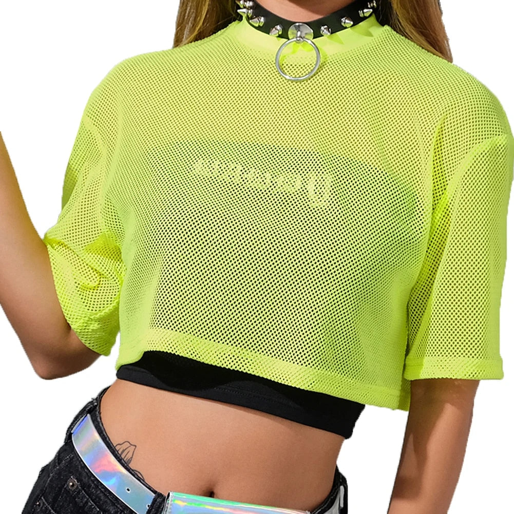 women Green Fishnet Mesh Crop Top See-through Loose Shirt T-shirt rave outfit rave apparel wear 