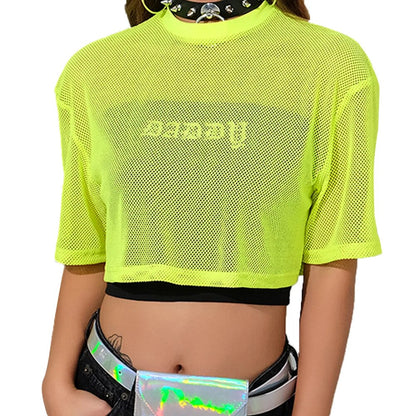 Green Fishnet Mesh Crop Top See-through Loose Shirt T-shirt rave outfit rave apparel wear 