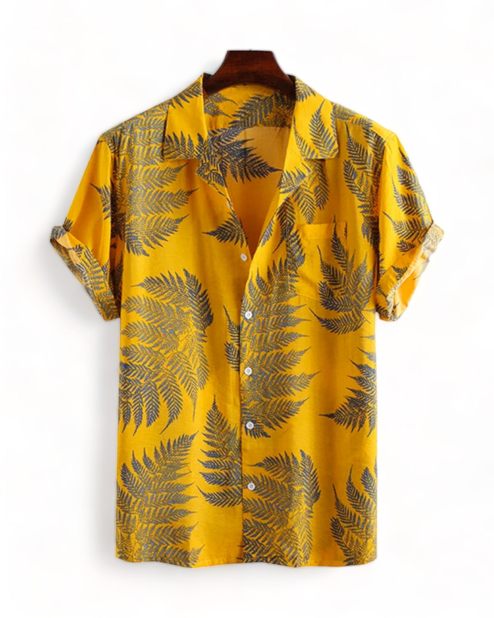 yellow Black short sleeve Shirt with leaf print