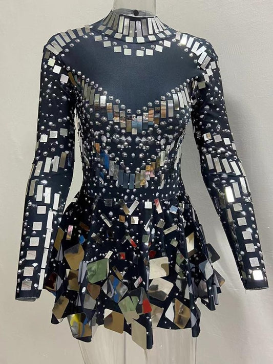 Long Sleeve Sequin Rhinestone Mini Dress in Black