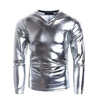 Silver Long Sleeve T-Shirt with Flat V-neck